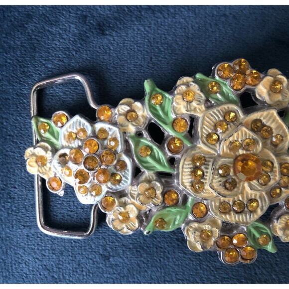 Vintage Floral Belt Buckle Enamel and Golden Rhinestones Silver Back Ornate - Picture 2 of 11